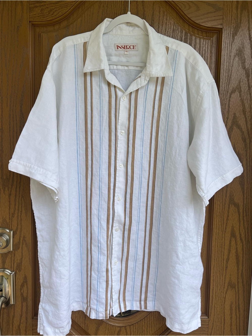 INSERCH OffWhite Short-Sleeve Linen Shirt w/Brown & Light Blue lStripes Mens 4XL